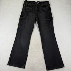 KanCan Womens Cargo Flare Jeans Faded Black Slit Hem BT1400AA-2-SF Sz 8
